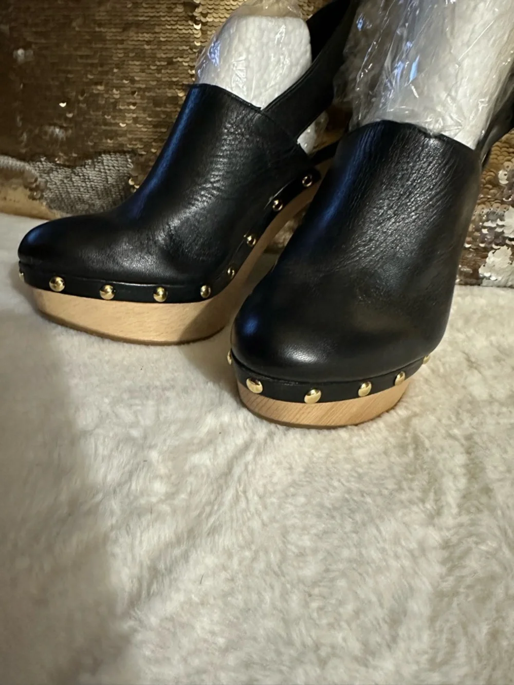 Michael Kors Black Leather Platform Clog Heels with Gold Studs - Picture 6 of 12